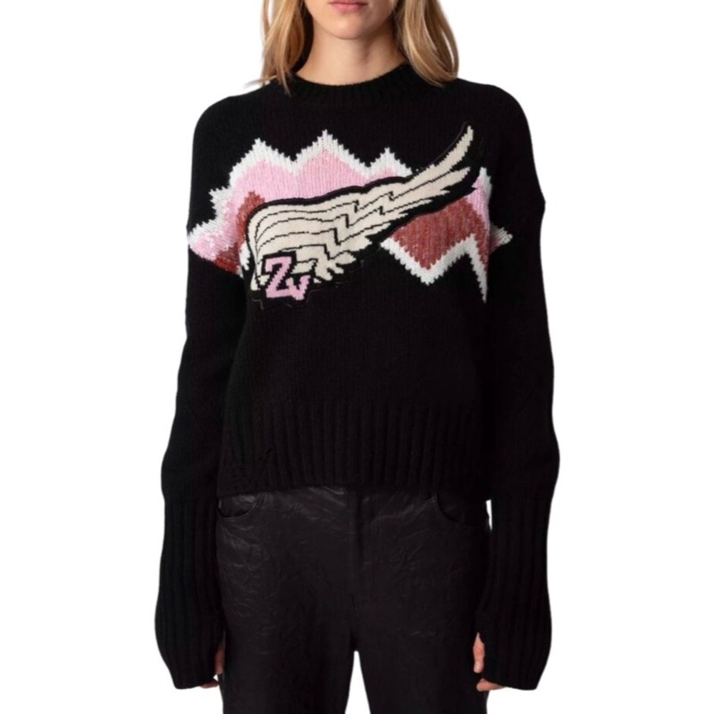 ZADIG & VOLTAIRE NWT Medium Bleez Wings Cashmere Merino Wool Sweater Black *Flaw